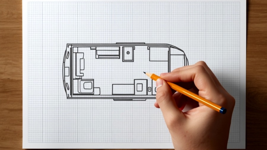 Dessiner les plans de son fourgon aménagé à la main sur du papier millimétré ?