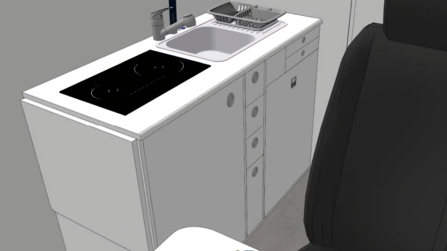 Le meuble de cuisine. La table de cuisson diesel Webasto a été créée de toutes pièces