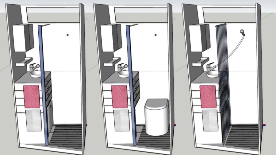 Le cabinet de toilette en 3 situations : lavabo, toilettes sèches et douche. Animations créées mais non visibles sur les dessins