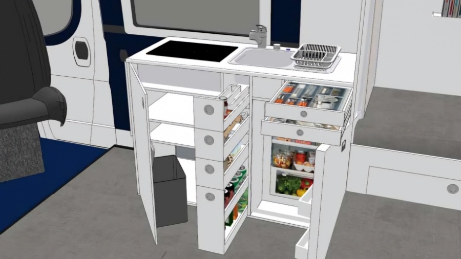 Meuble de cuisine et frigo ouverts ...et garnis soit en textures soit en objets 3D. On peut vraiment s'amuser !