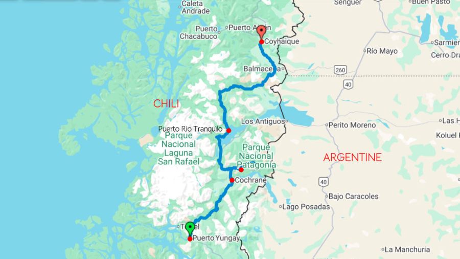 Parcours sur la Carretera Austral entre Puerto Yungay et Coyhaique