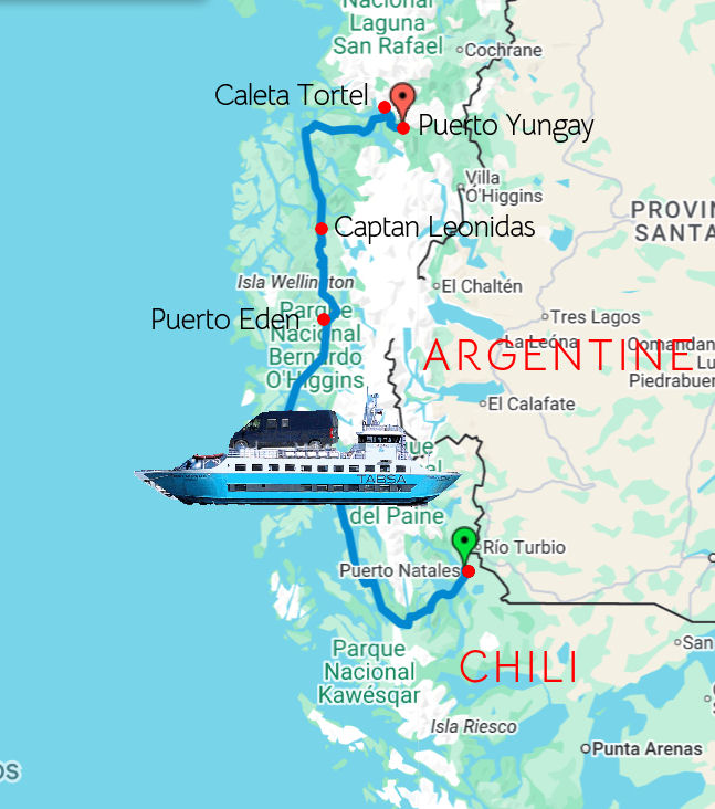 Seconde partie à bord du Crux Australis. 700km dans les fjords. Zoom ici.