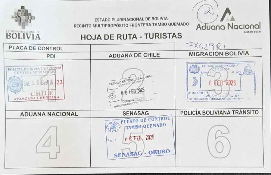 Document de passage de la frontière du Chili à la Bolivie