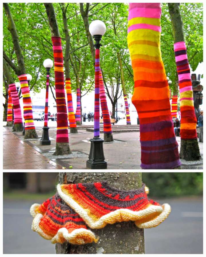 Tricot graffiti ou yarn bombing, arbres et lampadaires
