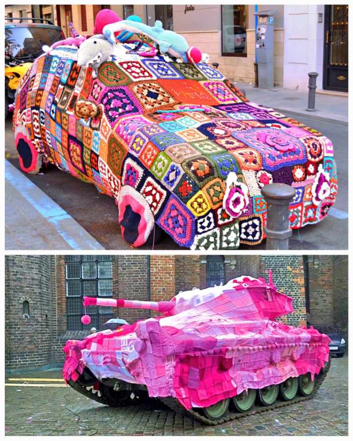Tricot graffiti ou yarn bombing, voiture et char roses