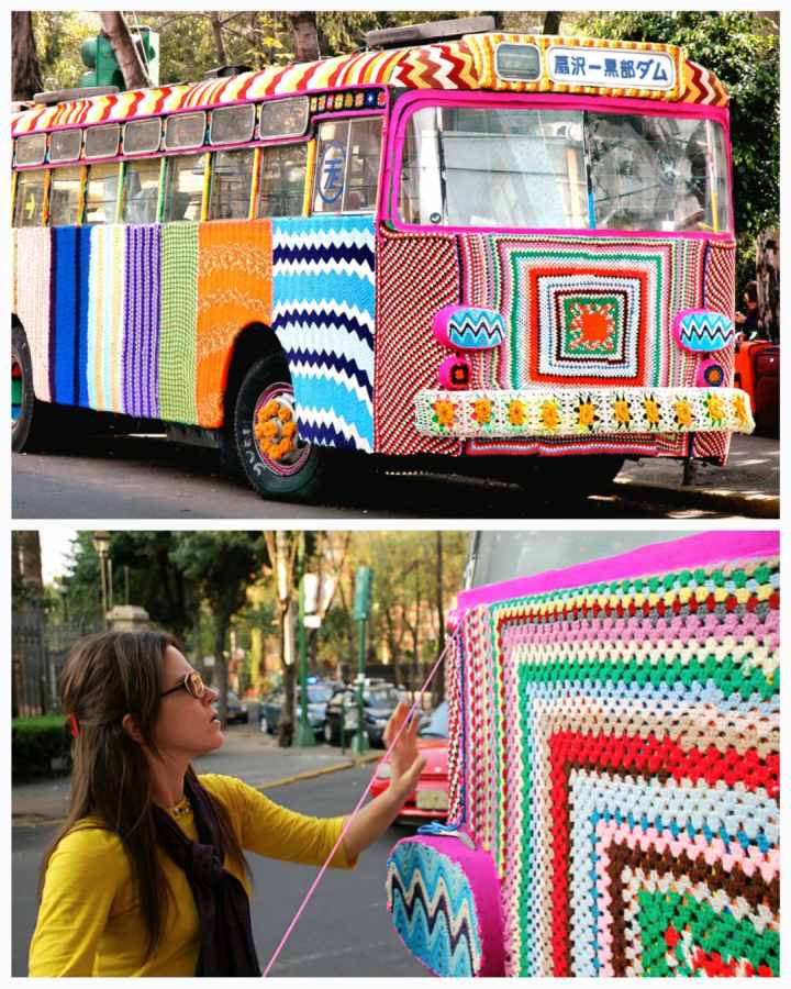 Tricot graffiti ou yarn bombing, Magda Sayeg à l'œuvre sur un bus