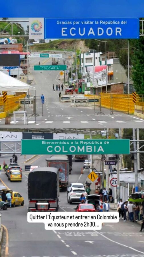 Passage de la frontière Équateur - Colombie : portiques de sortie et d'entrée