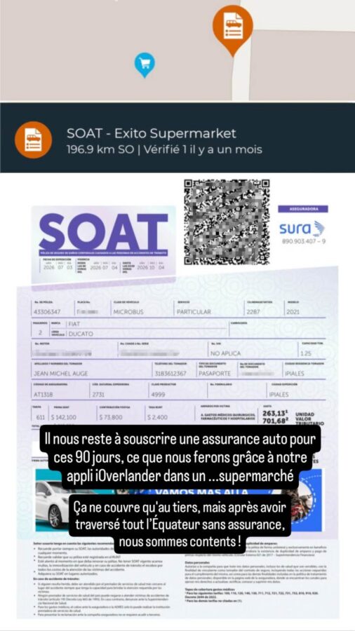 Passage de la frontière Équateur - Colombie : souscription de l'assurance du véhicule - SOAT