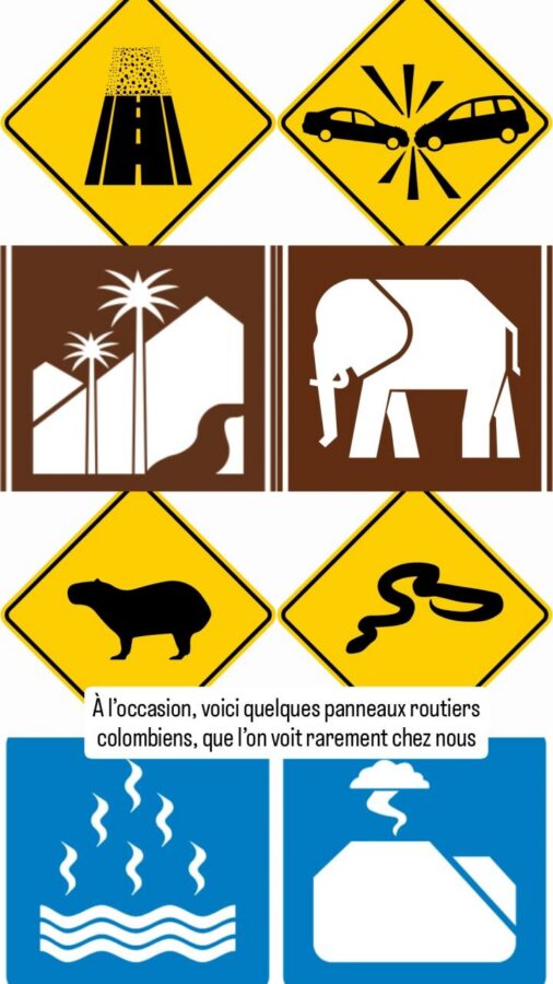 Divers panneaux routiers sur la route de San Augustin à Coconuco