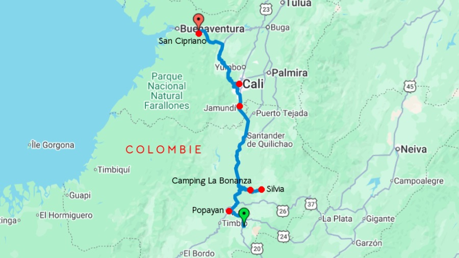 Poursuite de nos aventures colombiennes - parcours décrit dans cet article - version zoomable ici