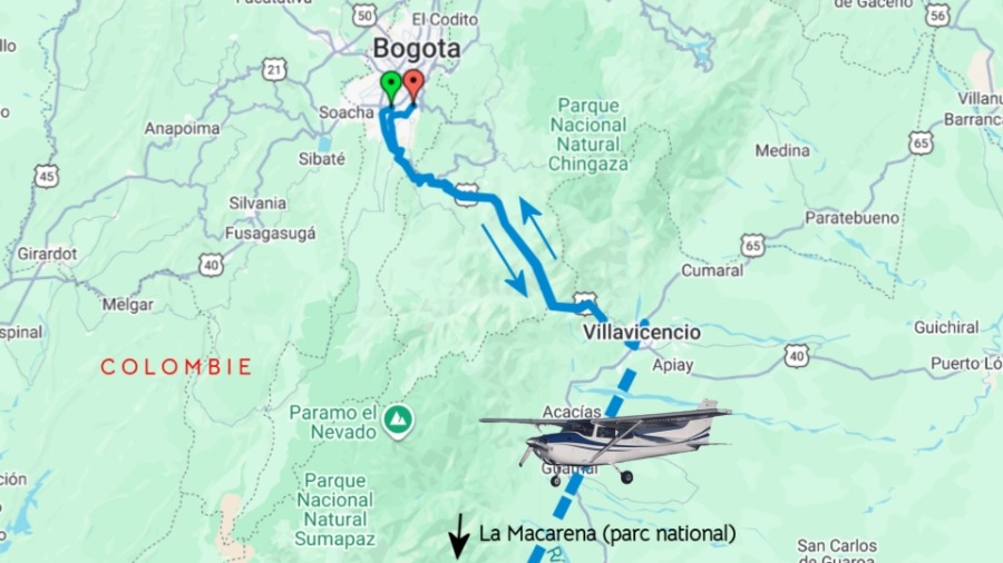 Parcours Bogotá - Villavicencio - La Macarena et retour