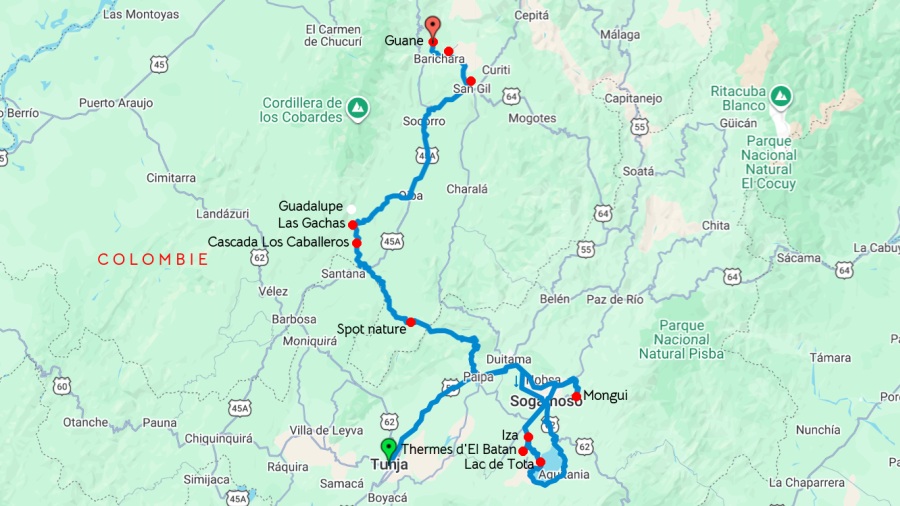 Notre parcours de Tunja à Guane, Colombie. En version zoomable ici