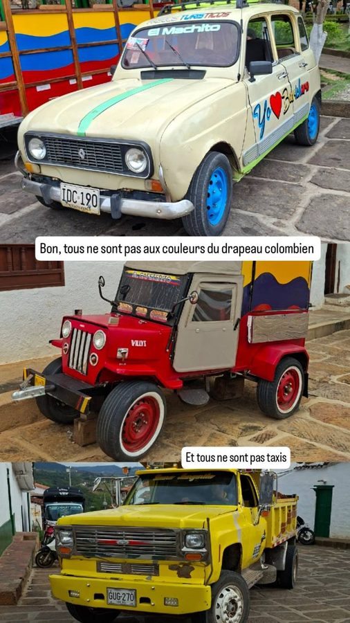 Barichara, Colombie : taxis chivas et autres véhicules