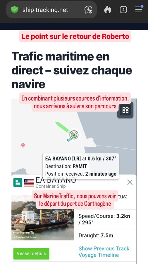 Suivi des navires sur VesselFinder et du conteneur sur le site de Maersk