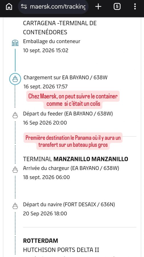 Suivi des navires sur VesselFinder et du conteneur sur le site de Maersk