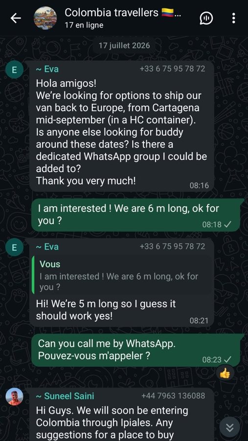 Eva cherche un container buddy sur un groupe WhatsApp